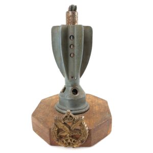 British, WW2, 2 Inch Mortar Tail Fin Table Lighter, Dated 1941, with Army Air Corps (A.A.C.) Economy Cap Badge
