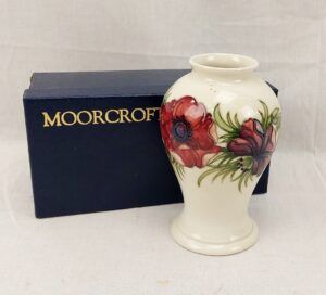 Boxed Moorcroft Cobalt White Ground Anemone Pattern Vase