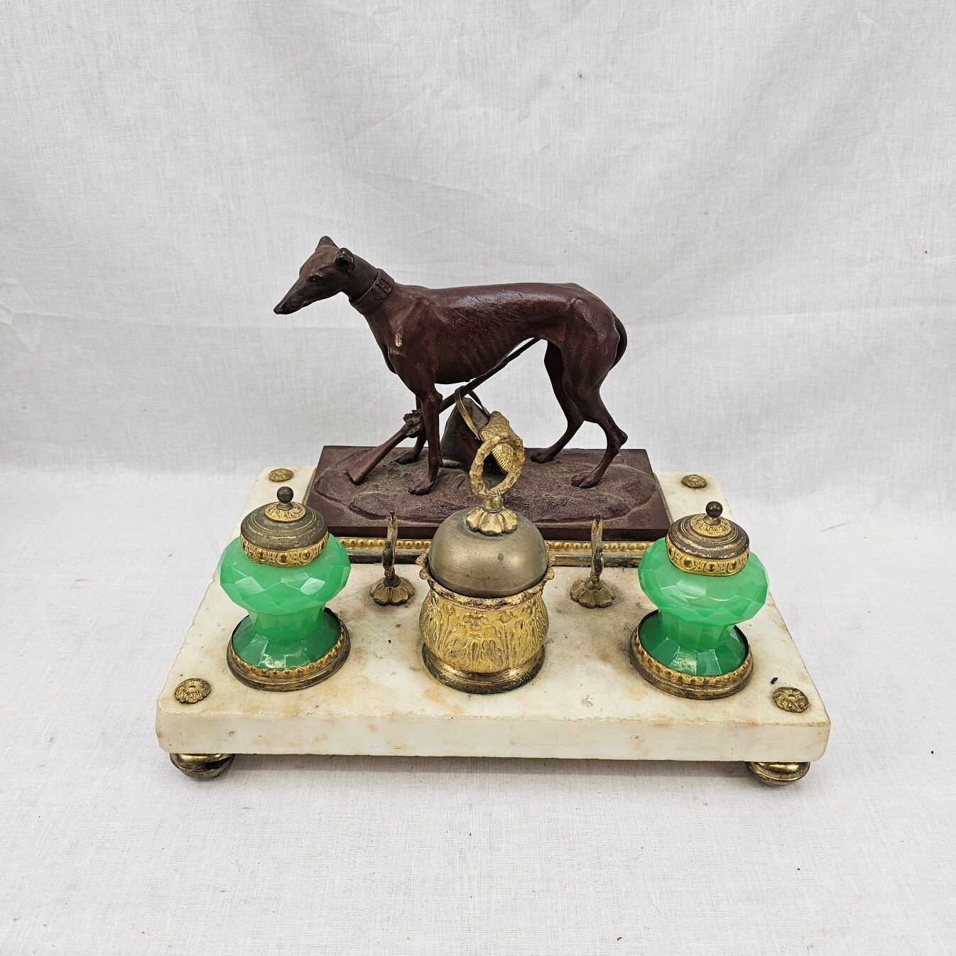 Circa 1820 Bronze Greyhound Russian Inkstand On Marble Base With Ormolu Fittings