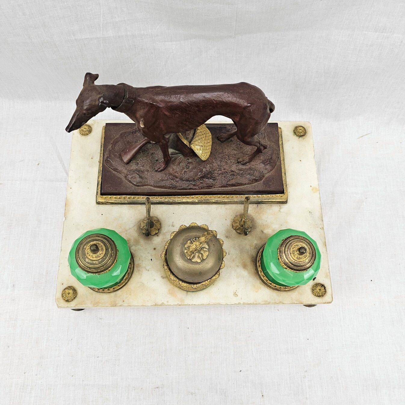 Circa 1820 Bronze Greyhound Russian Inkstand On Marble Base With Ormolu Fittings - Image 2