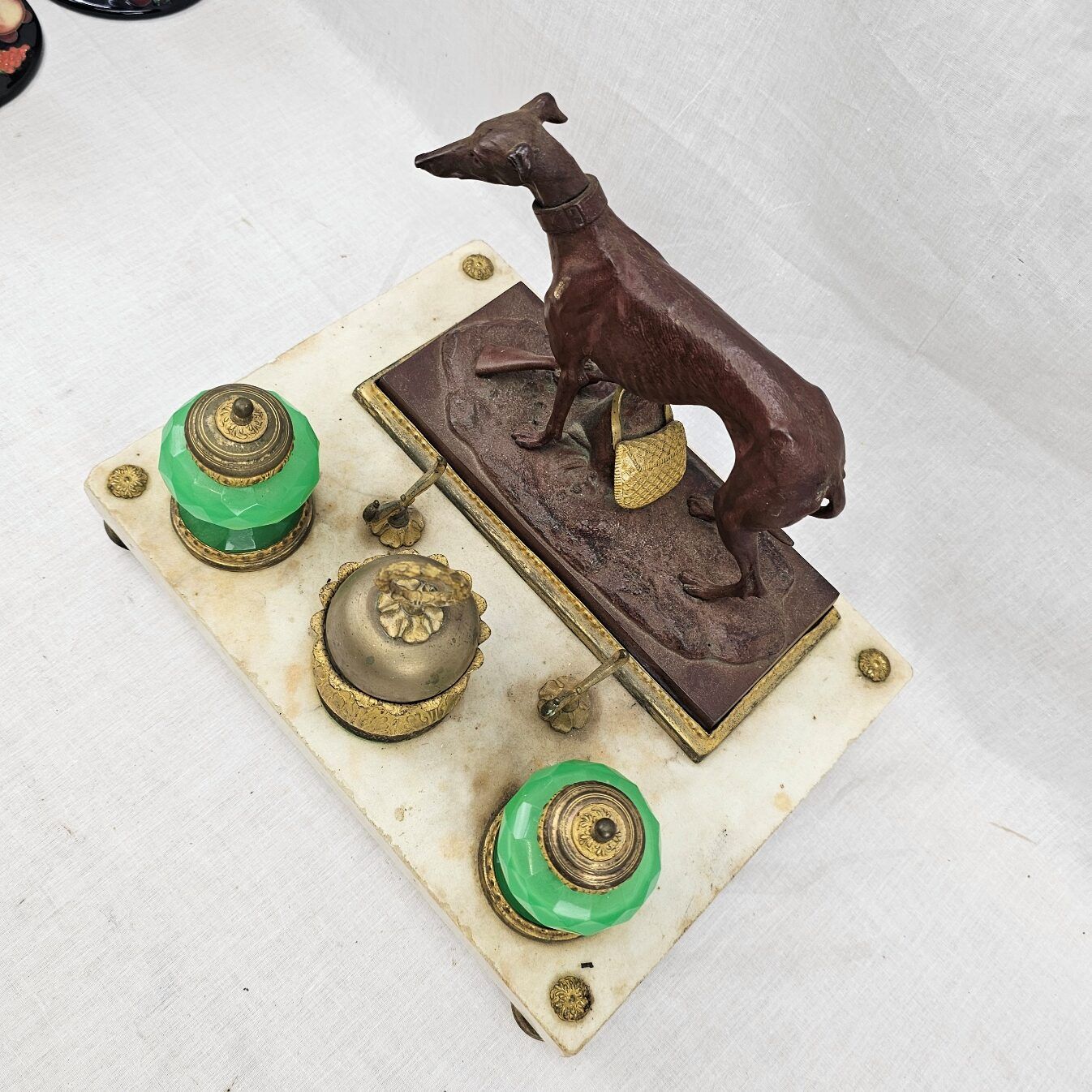 Circa 1820 Bronze Greyhound Russian Inkstand On Marble Base With Ormolu Fittings - Image 3