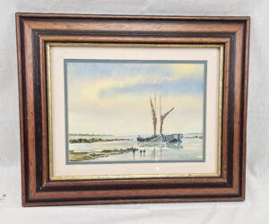 Framed Watercolour Of Two Coastal Sailing Barges By Bishop