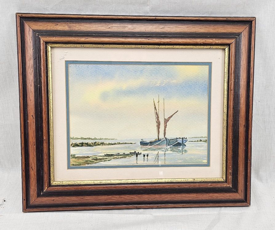 Framed Watercolour Of Two Coastal Sailing Barges By Bishop