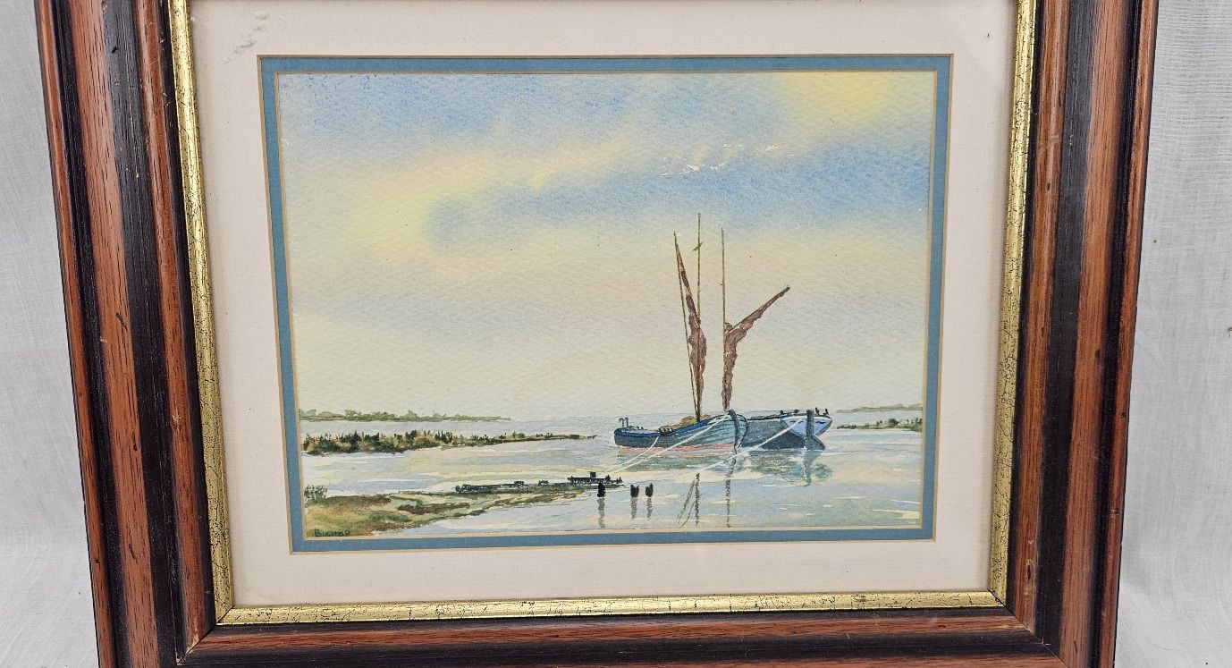 Framed Watercolour Of Two Coastal Sailing Barges By Bishop - Image 2
