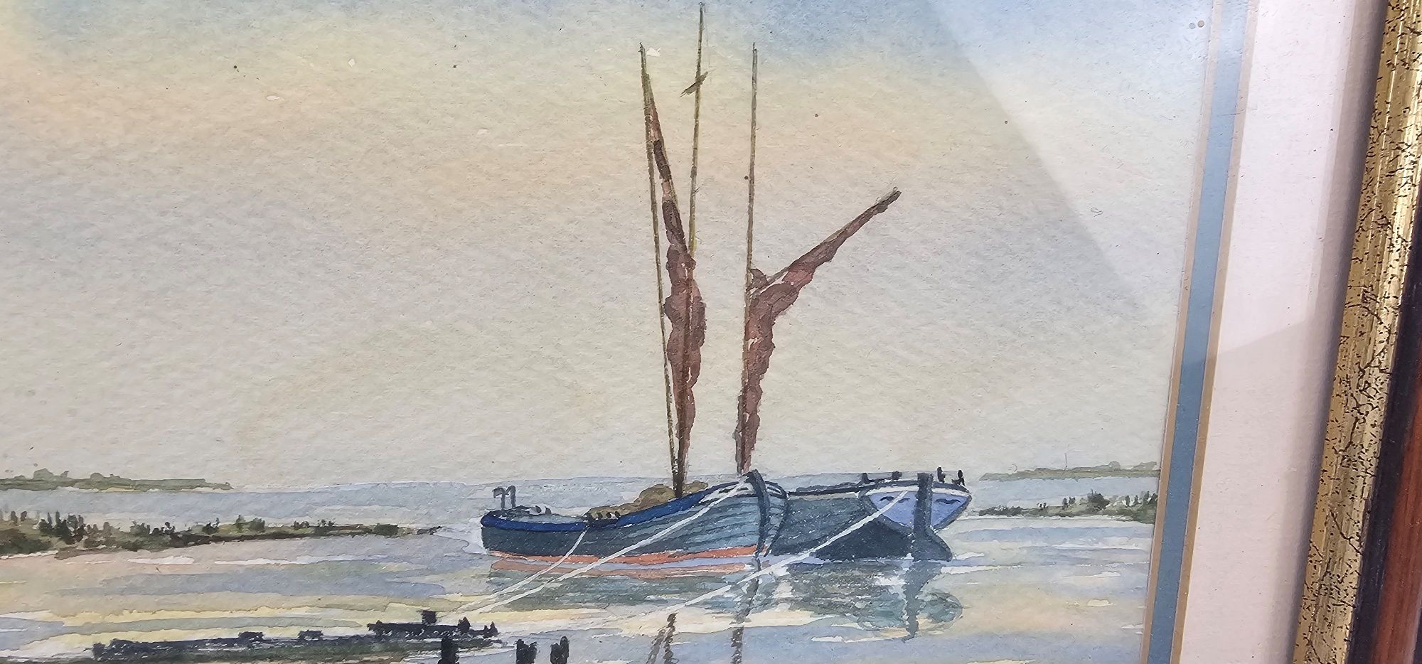 Framed Watercolour Of Two Coastal Sailing Barges By Bishop - Image 3