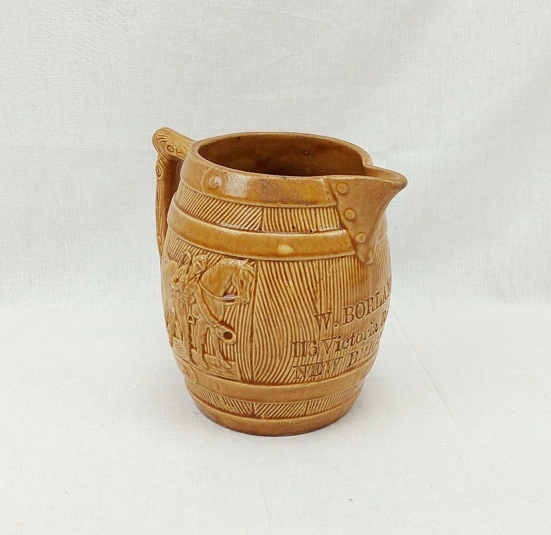 c1870 English Stoneware Honey Glaze Barrel Shop Display Jug New Brighton