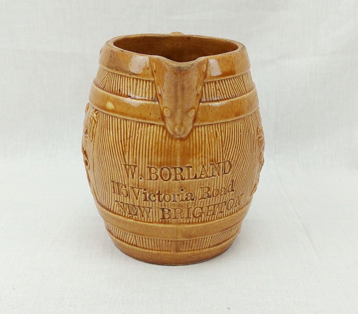 c1870 English Stoneware Honey Glaze Barrel Shop Display Jug New Brighton - Image 5