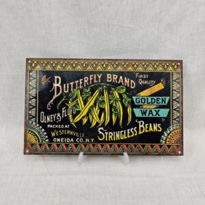 1970s Butterfly Brand Stringless Beans Enamel Advertising Sign