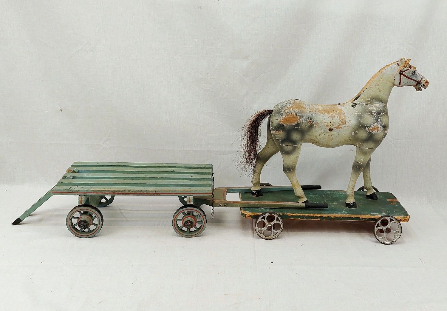 19th Century Carved And Painted Wooden Push Along Toy Horse And Cart