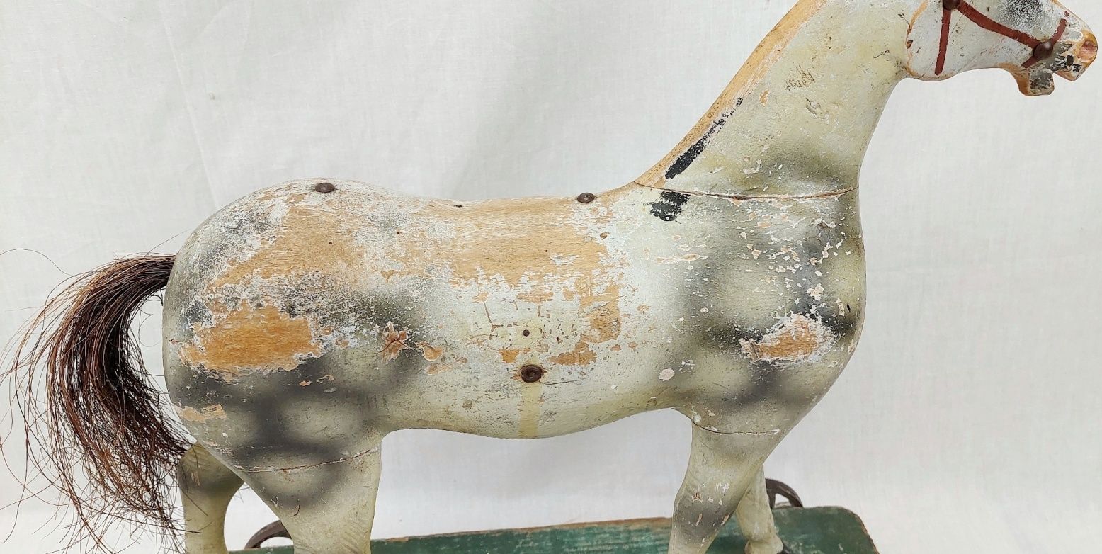 19th Century Carved And Painted Wooden Push Along Toy Horse And Cart - Image 4