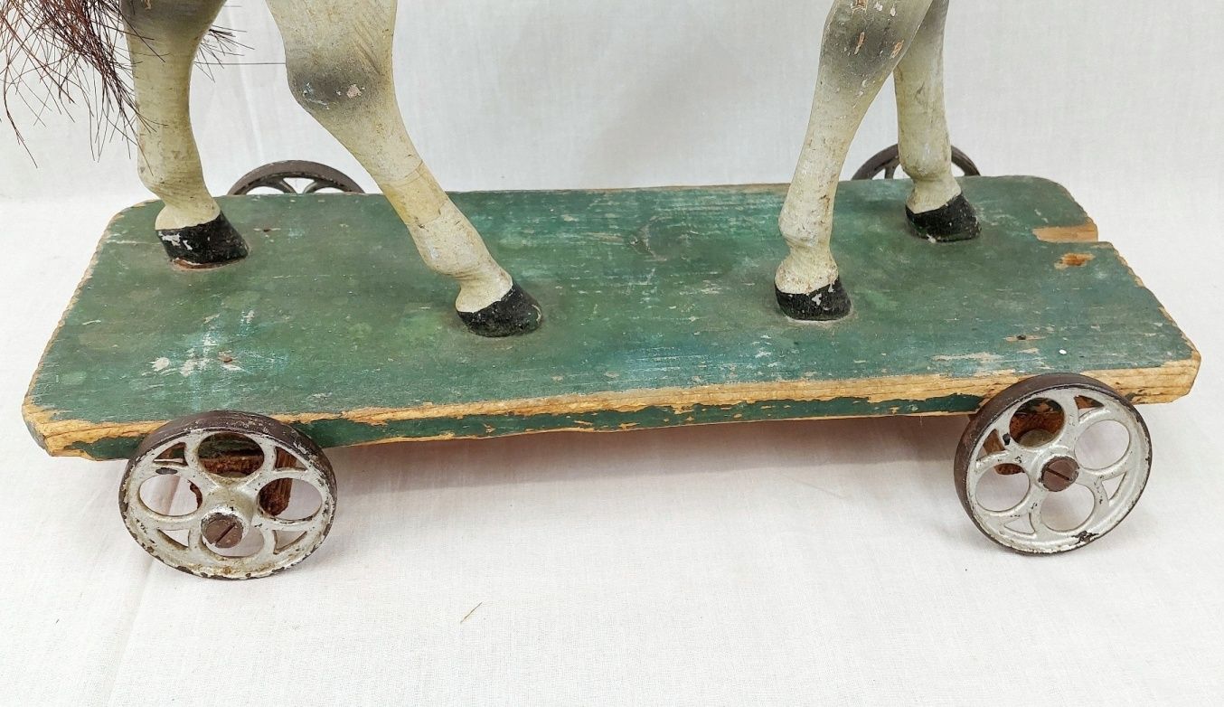 19th Century Carved And Painted Wooden Push Along Toy Horse And Cart - Image 7