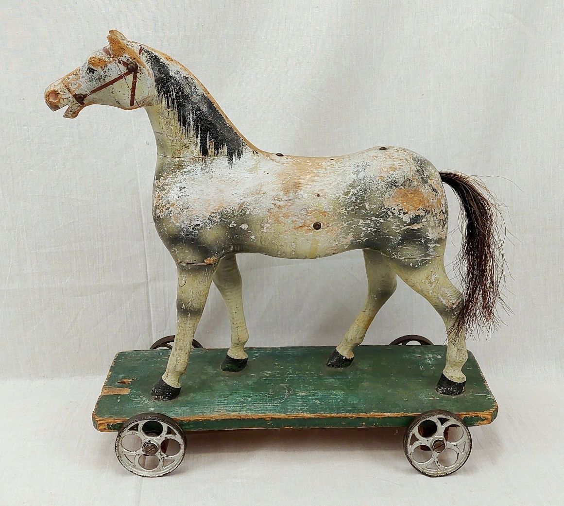 19th Century Carved And Painted Wooden Push Along Toy Horse And Cart - Image 2