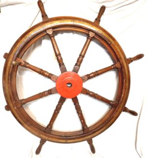 19th Century, Large Oak and Brass Ships Wheel with Red Boss and Tiller Handle