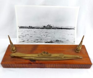 British, WW2, HMS Totem – Original Photograph and Large Brass Model of Triton Class Submarine On Wooden Base with Two Fish