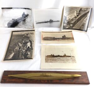 British, WW2, HMS Thule - Six Original Photographs and Large Triton Class WW2 Submarine Brass Model on Wooden Base