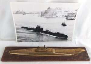 British, Post WW2, HMS Tabard – Original Photograph and Large Brass Model of Triton Class Submarine On Wooden Base