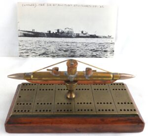 British, 1925-WW2, HMS X1, Original Postcard and Trench Art Submarine on Cribbage Board, Bullet Dated 1944