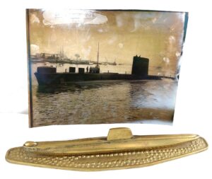 British, Post WW2-1962, HMS Otus – Original Photograph and Large Brass Model of Oberon-Class Submarine on Brass Base
