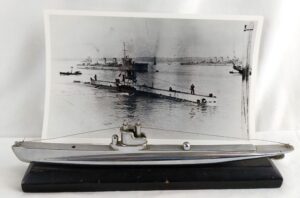 British, WW1, HMS E23 - Original Photograph and Model of E-Class WW1 Submarine On a Wooden Base