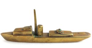 British, WW1, Trench Art - Small Brass Model of a Gunboat - Possibly Banterer or Insect Class