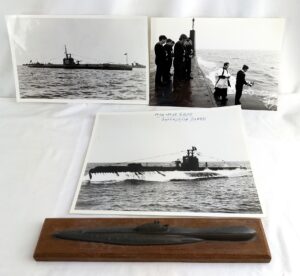 British, WW2, HMS Swordfish - Three Original Photographs and Model of S-Class Submarine on Wooden Base