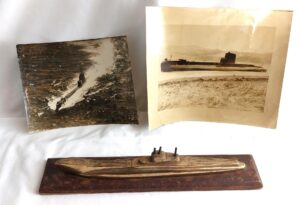British, WW2, HMS Taciturn - Two Original Photographs and Large Brass Model of Triton Class Submarine On Wooden Base