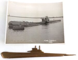 British, WW2, HMS Torbay - Original Photograph Dated 1943 and Slim Brass Model of Triton Class Submarine