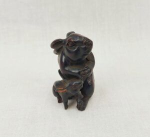 Japanese Edo Period Boxwood Netsuke of a Moon Rabbit & Kit