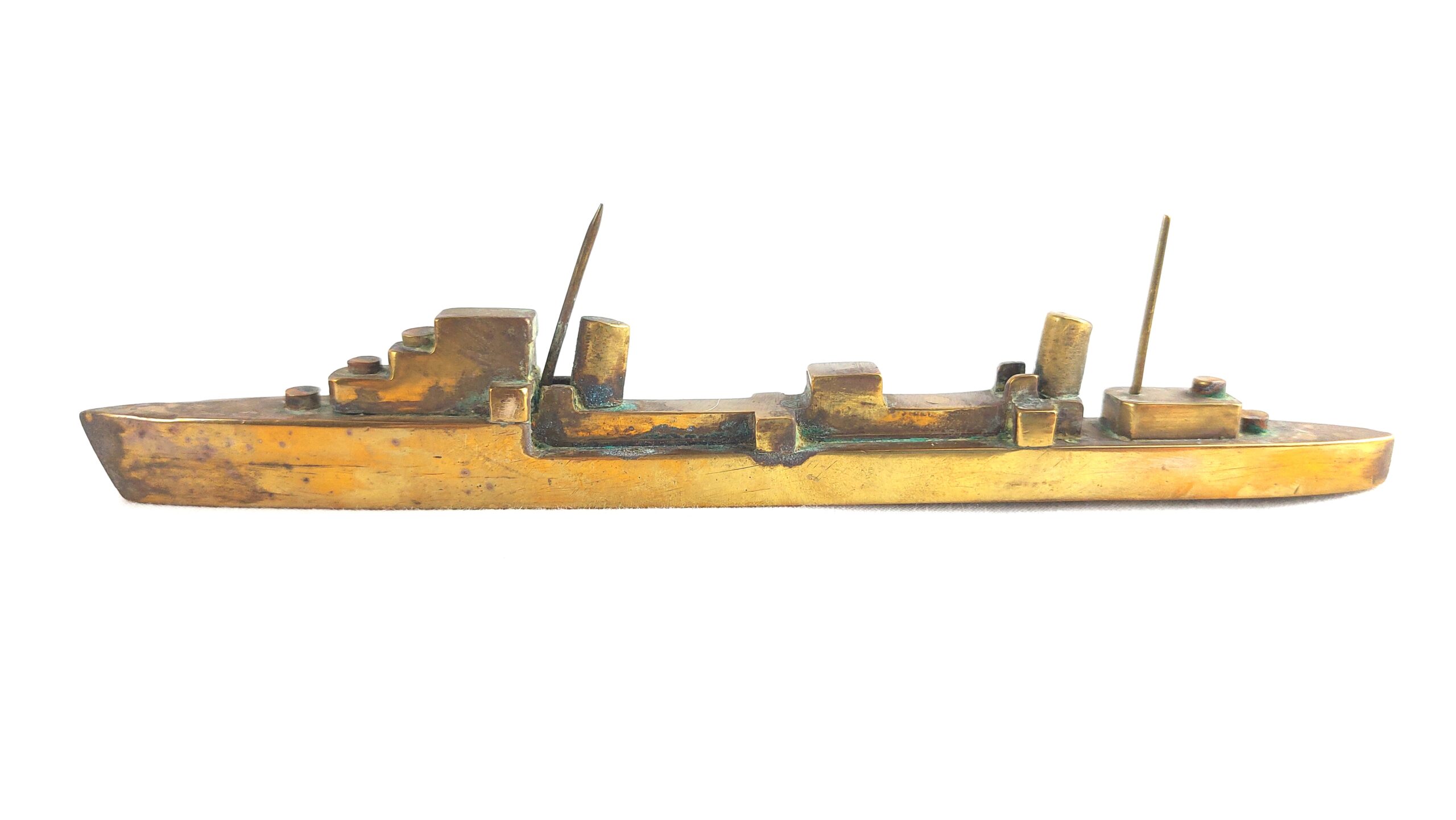 British, WW1, Trench Art - Small Brass Model of a Gunboat - Maybe Dryad Class Torpedo Boat