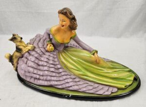 1930s Art Deco Painted Plaster Figurine Of A Lady And Dog