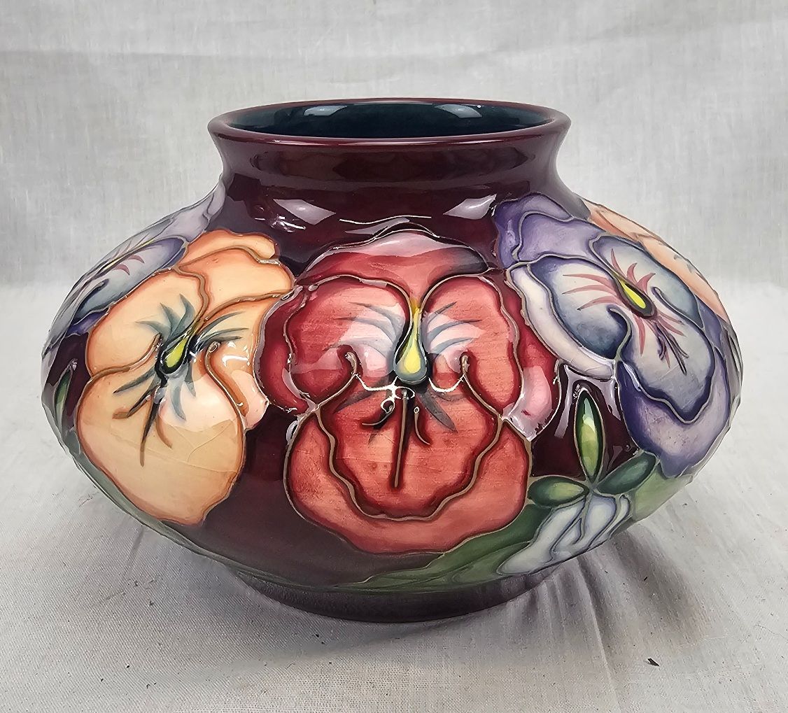 Boxed Moorcroft Squat Pansy Pattern Vase By Rachael Bishop