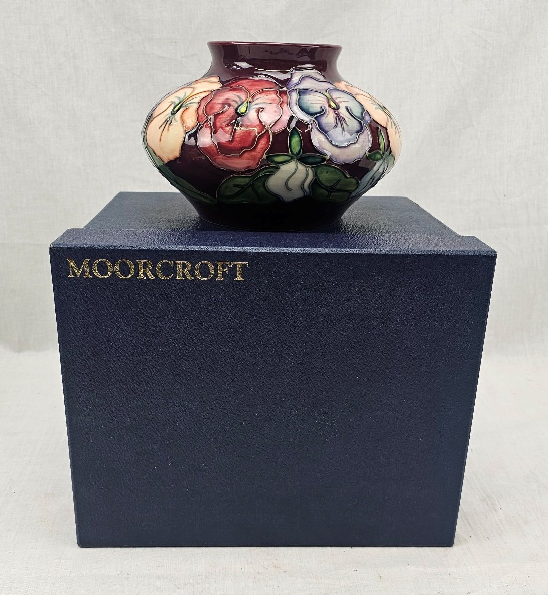 Boxed Moorcroft Squat Pansy Pattern Vase By Rachael Bishop - Image 2