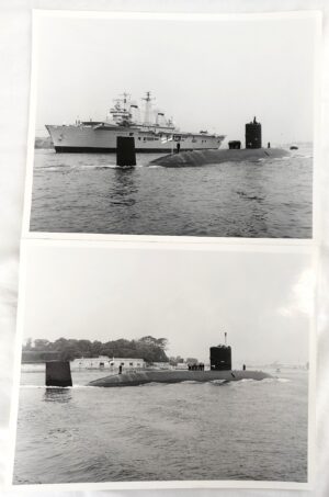British, 1983, HM Submarine Trafalgar – Two Original Photographs (One with HMS Illustrious), with Royal Navy Stamp