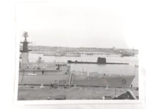 Canadian, Post WW2, HMC Submarine Onondaga (S73) with British Frigate Battleaxe (F89) & RFA Eddyfirth (A261), Portsmouth 1980 – Original Photograph