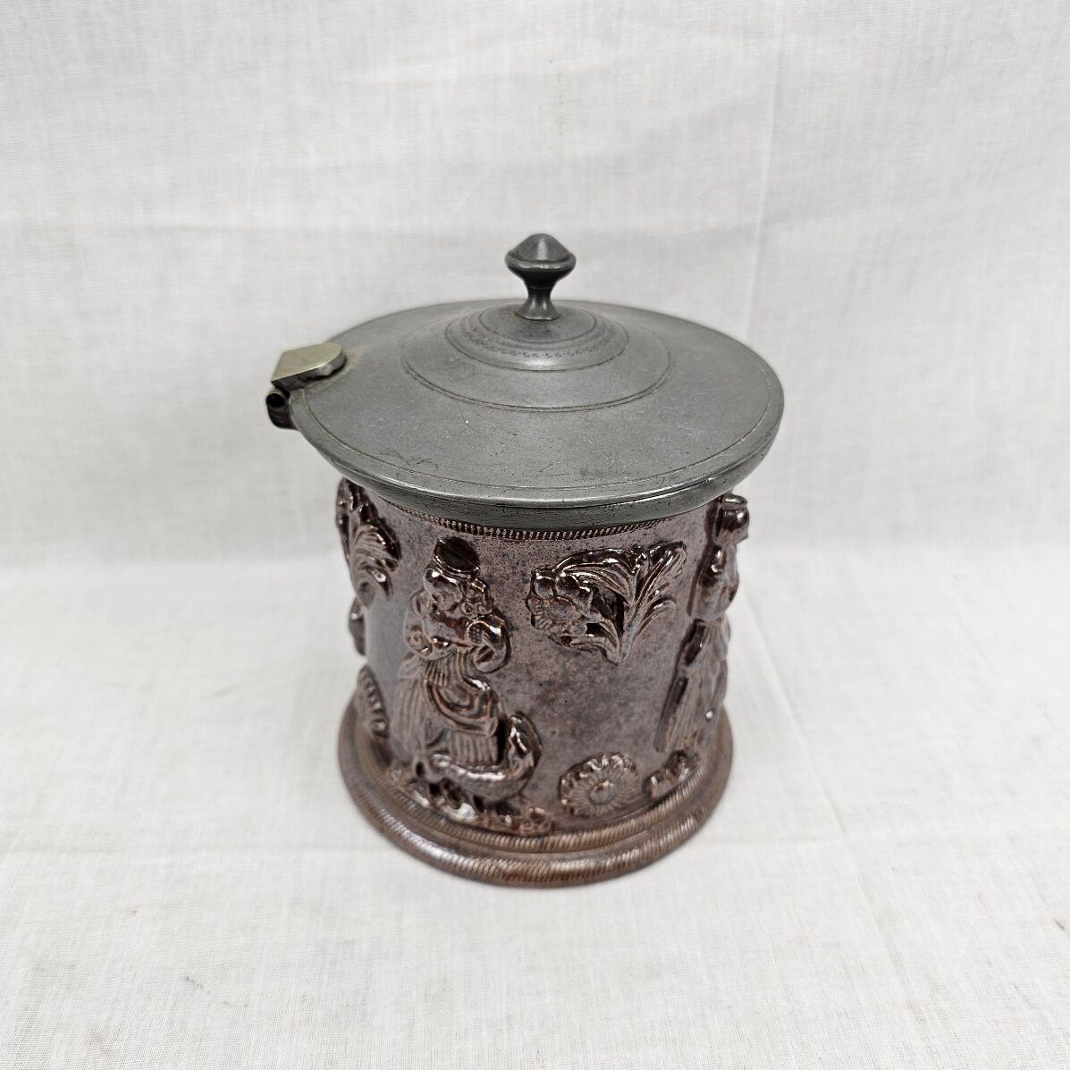 Late 18th Century Salt Glaze Stoneware German Tobacco Jar With Pewter Lid