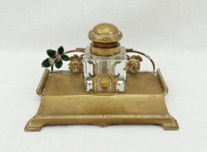 Victorian Brass And Cut Glass Inkwell Stand Set