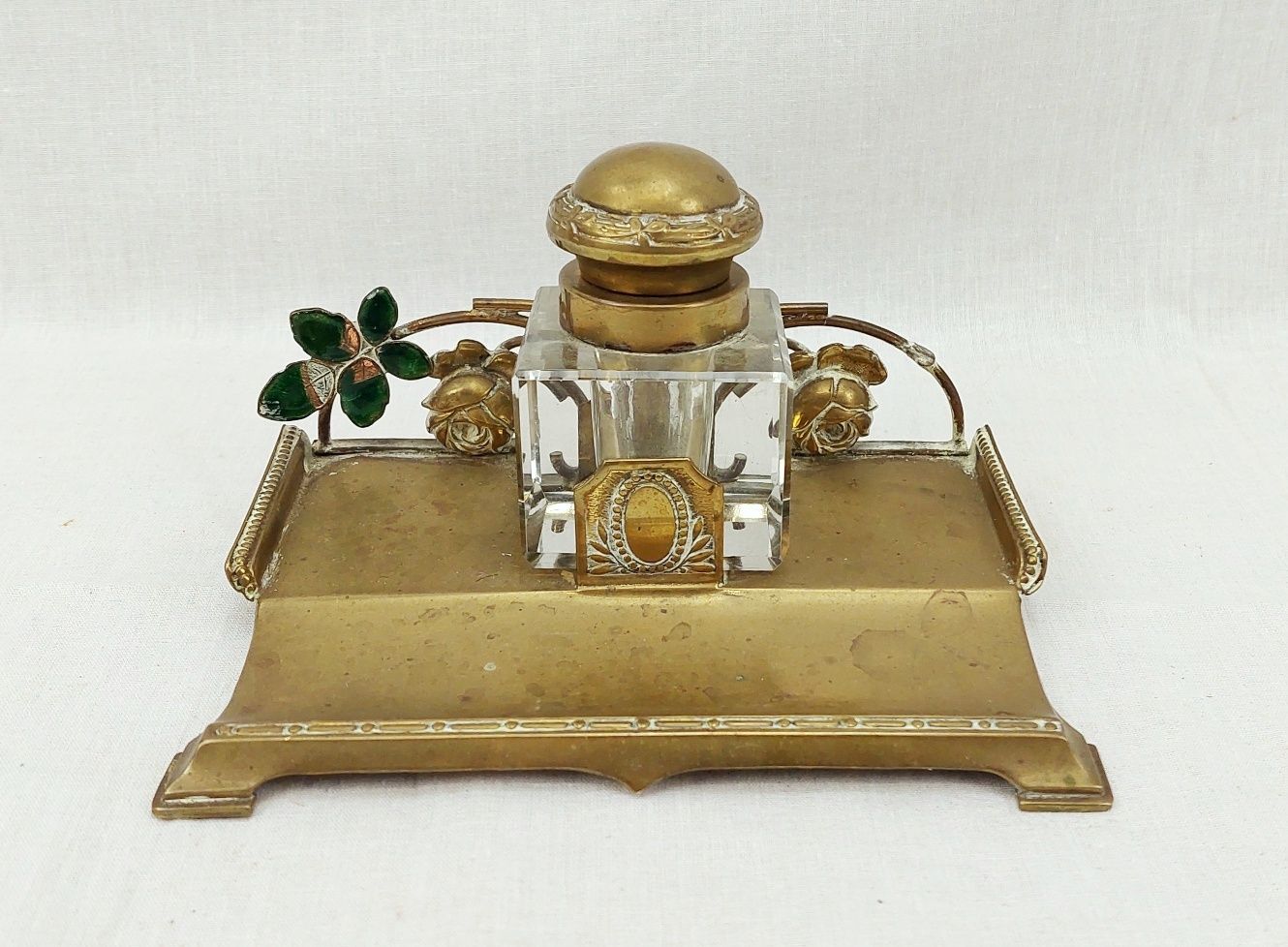 Victorian Brass And Cut Glass Inkwell Stand Set