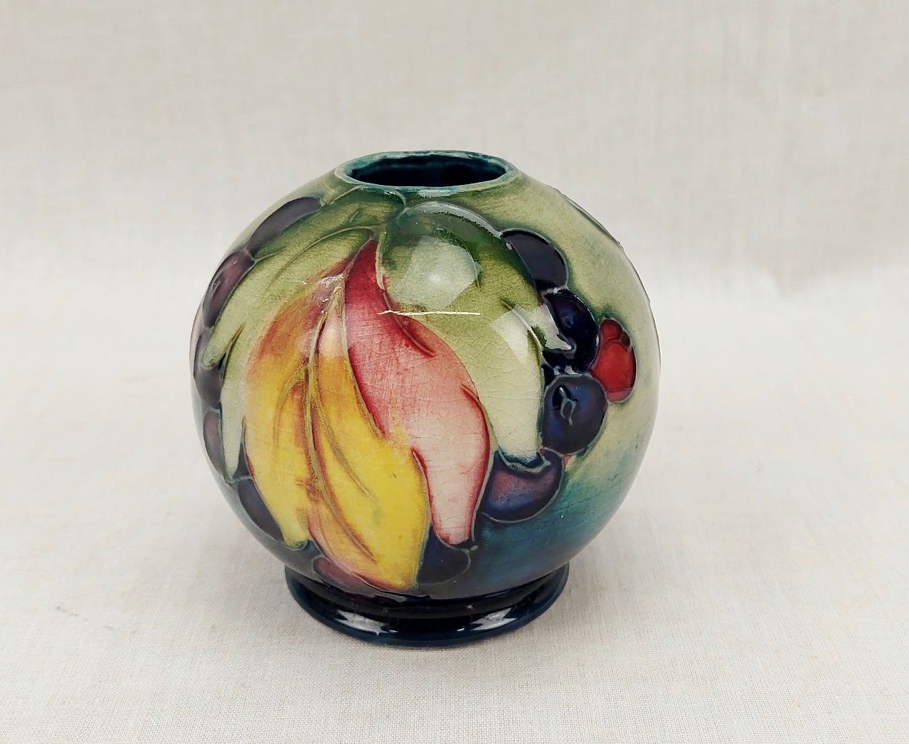 c1930 Moorcroft Leaf And Berry Pattern Squat Ball Vase - Image 3