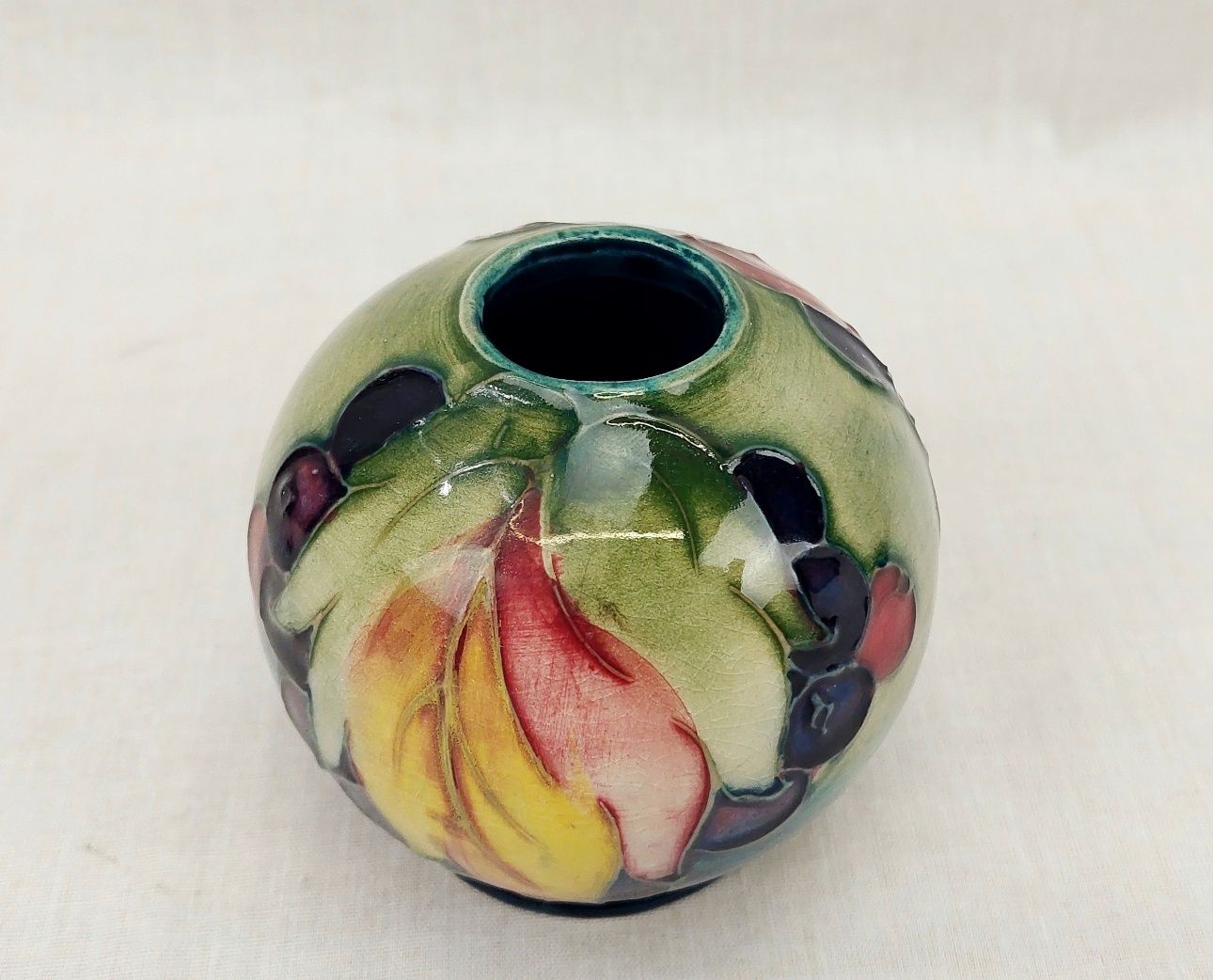 c1930 Moorcroft Leaf And Berry Pattern Squat Ball Vase - Image 2