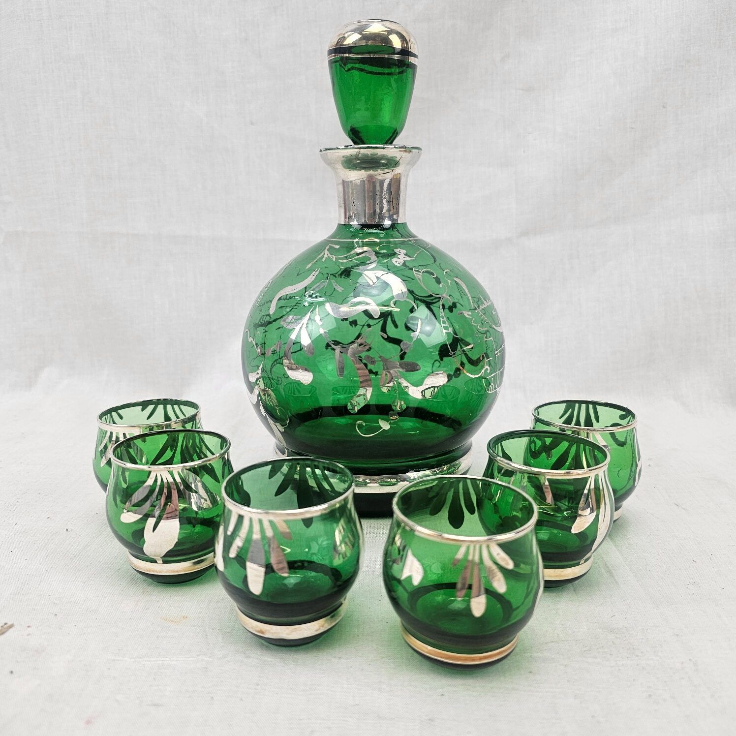 1950's Estevan Rossetto Green Glass And Silvered Decanter With 6 Glasses