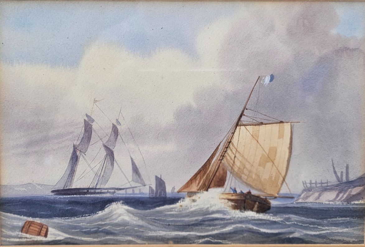 Framed Victorian Watercolour Of French Shipping - Image 3