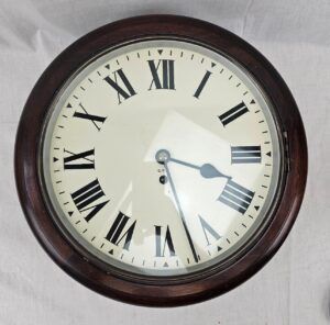 Mahogany GPO (General Post Office) Circular Fusee Wall Clock Dated 1965