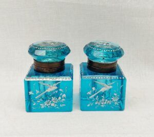 c1825 Bohemian Peacock Blue Cut Glass Inkwell Pair With Enamel