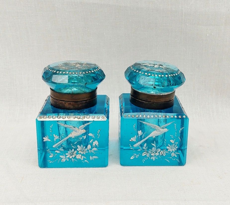 c1825 Bohemian Peacock Blue Cut Glass Inkwell Pair With Enamel