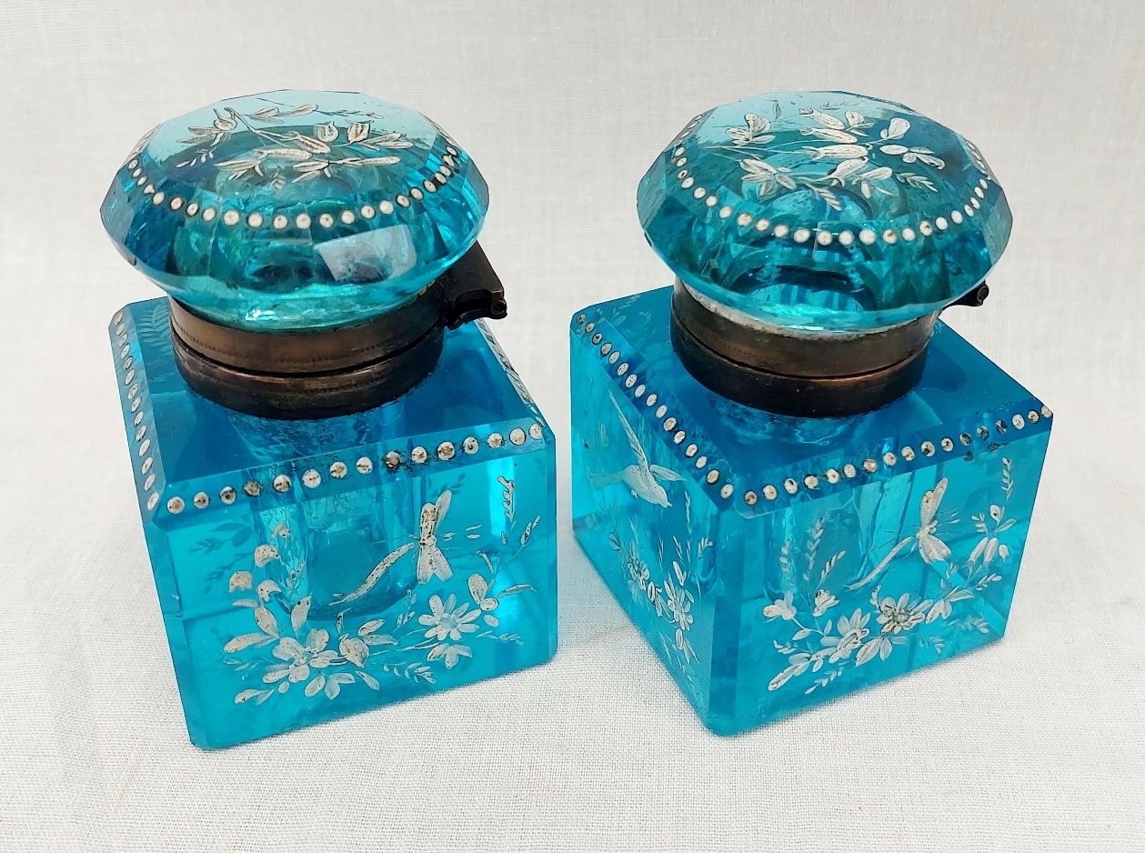 c1825 Bohemian Peacock Blue Cut Glass Inkwell Pair With Enamel - Image 2