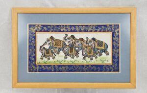 Framed Indian Painting Of Elephants On Silk #1
