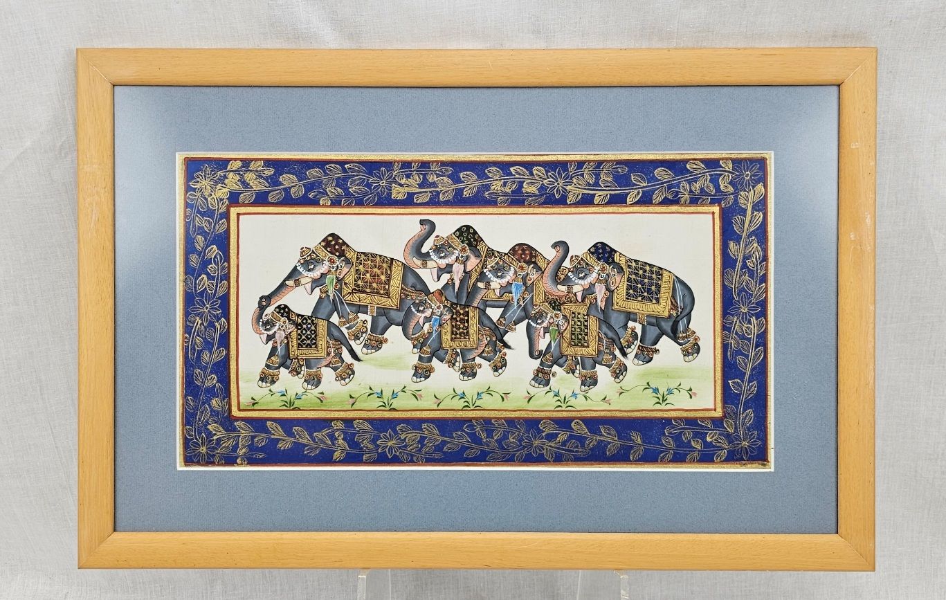 Framed Indian Painting Of Elephants On Silk #1
