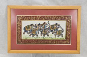Framed Indian Painting Of Elephants On Silk #2