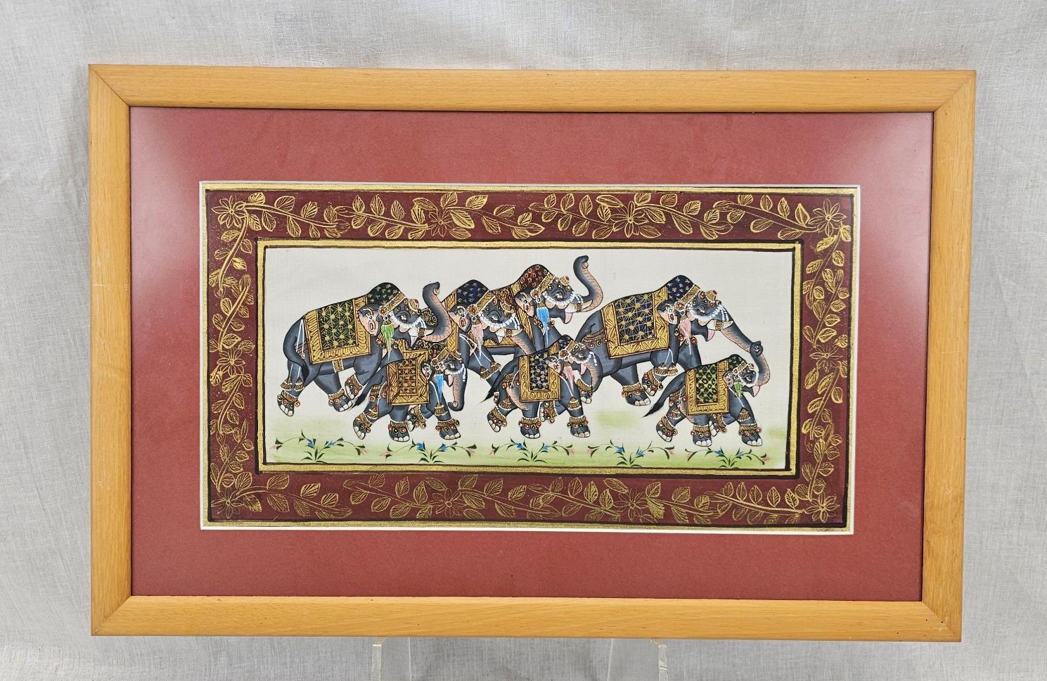 Framed Indian Painting Of Elephants On Silk #2