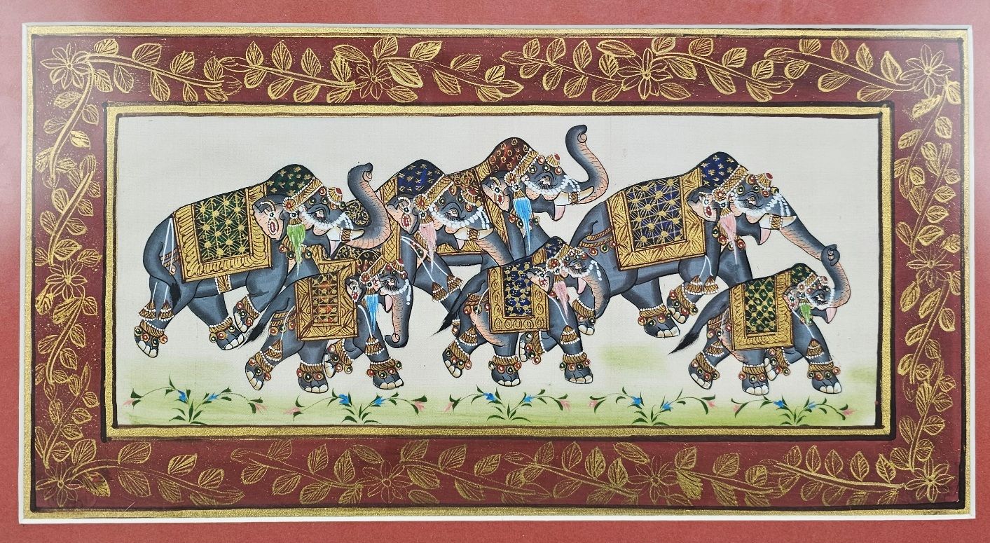 Framed Indian Painting Of Elephants On Silk #2 - Image 2